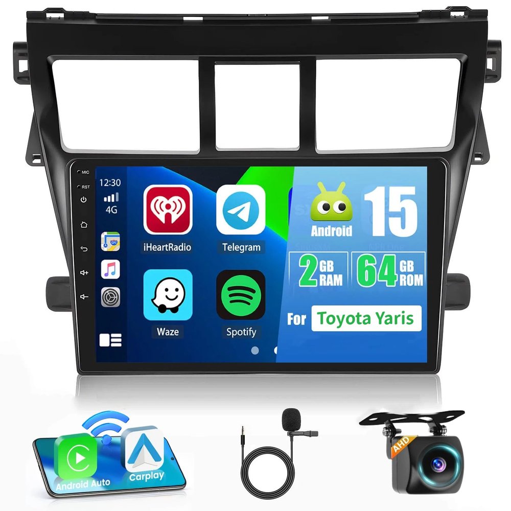 2+64G Car Stereo Radio for Toyota Yaris Vios 2007-2012,9 inch Touch Screen Radio Android 15 Wireless Apple CarPlay Android Auto DSP 32EQ 5G WiFi Bluetooth GPS FM RDS+Free AHD Backup Cam