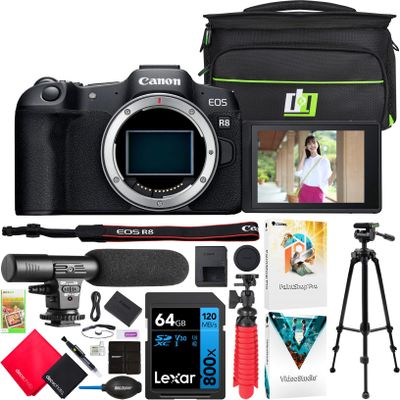 Canon EOS R8 Full Frame Mirrorless Interchangeable Lens Camera (Renewed) | Official Canon USA Partner Model | Body 5803C002 Bundle with Deco Gear Bag + Microphone + Tripod +Software & Accessories Kit