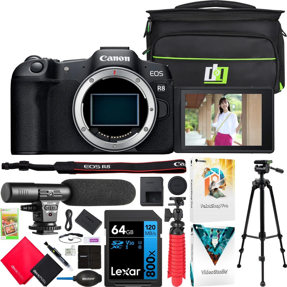 Canon EOS R8 Full Frame Mirrorless Interchangeable Lens Camera (Renewed) | Official Canon USA Partner Model | Body 5803C002 Bundle with Deco Gear Bag + Microphone + Tripod +Software & Accessories Kit