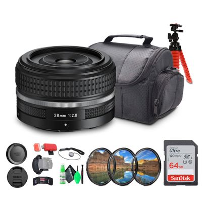 Nikon NIKKOR Z-Mount 28mm f/2.8 (SE) FX-Format Retro-Styled Lens (20110) + Sling Backpack + 64GB Memory Card + Flexible Tripod + Cleaning Kit + Hand Strap + More