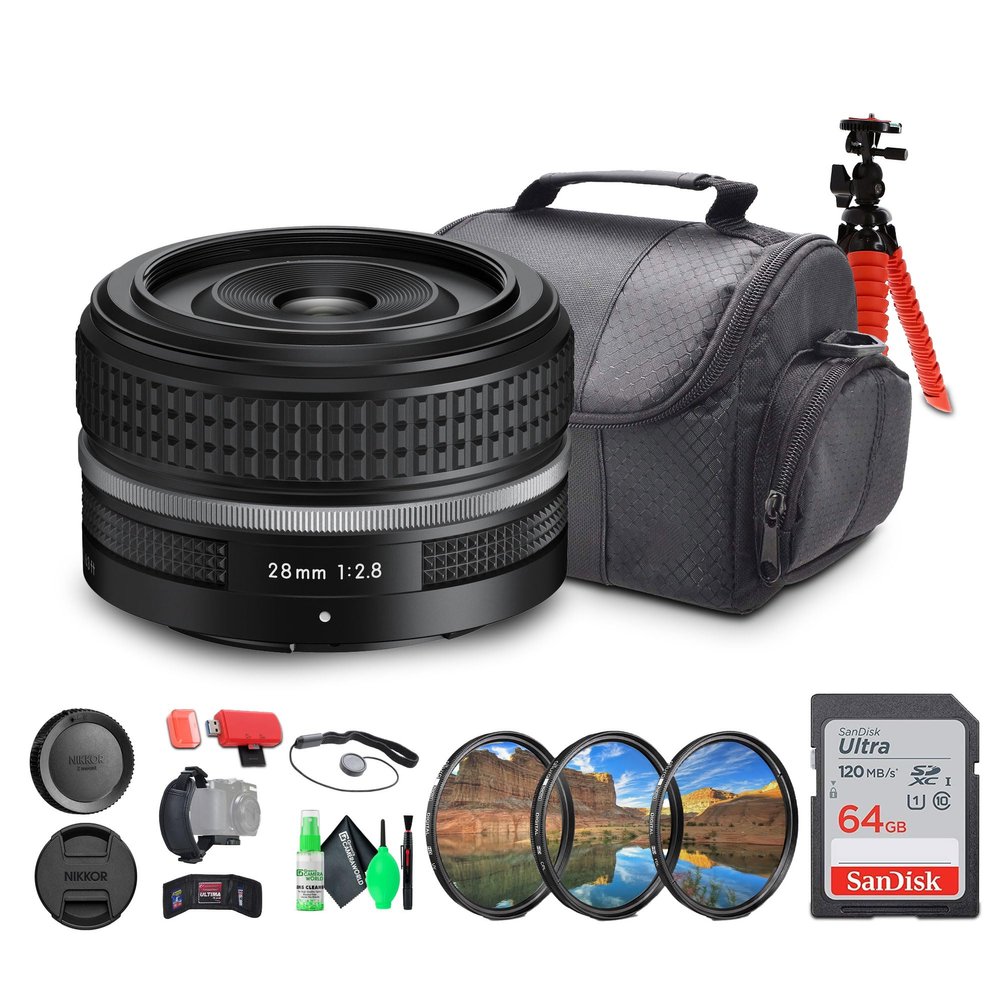 Nikon NIKKOR Z-Mount 28mm f/2.8 (SE) FX-Format Retro-Styled Lens (20110) + Sling Backpack + 64GB Memory Card + Flexible Tripod + Cleaning Kit + Hand Strap + More