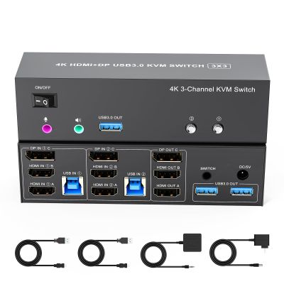 4K KVM Switch 3 Monitors 2 Computers Triple Monitor Displayport and 2 HDMI USB 3.0 KVM Switches 4K@60Hz,Support Extended/Mirror Mode Share 3 USB 3.0 Ports with Desktop Controller, Adapter Included