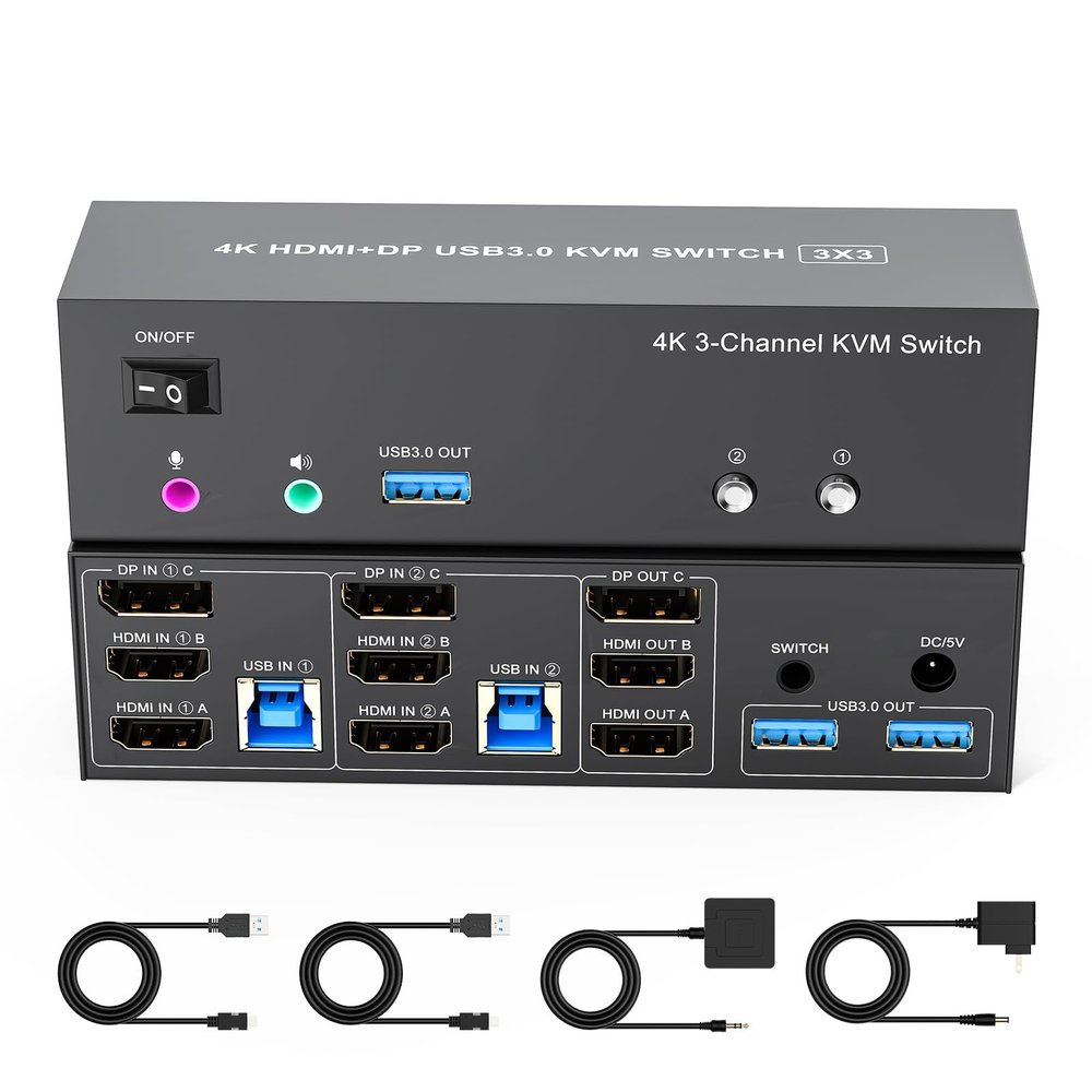 4K KVM Switch 3 Monitors 2 Computers Triple Monitor Displayport and 2 HDMI USB 3.0 KVM Switches 4K@60Hz,Support Extended/Mirror Mode Share 3 USB 3.0 Ports with Desktop Controller, Adapter Included