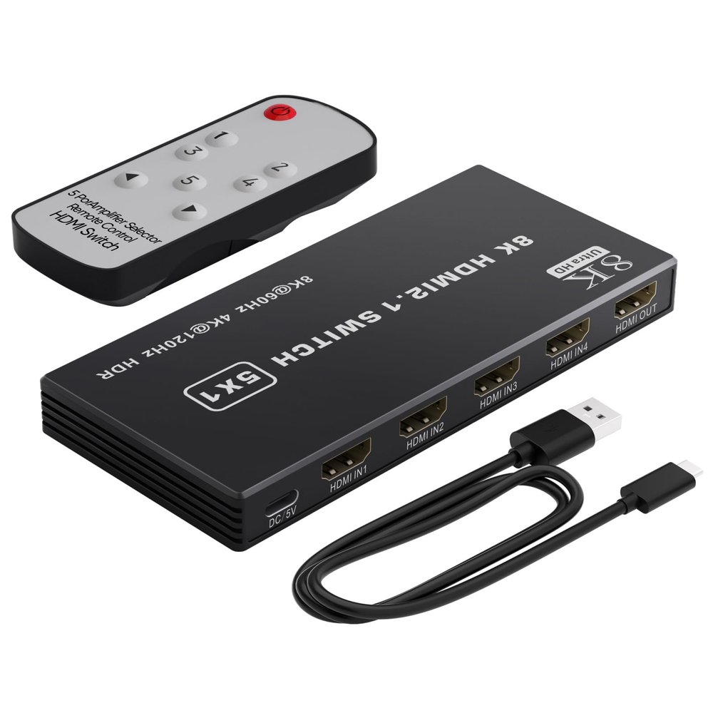 8K@60Hz HDMI Switch 5 in 1 Out Aluminum Support 4K@240Hz HDR10+ HDCP 2.3 CEC HDMI 2.1 Switcher Splitter with Power Adapter Compatible with PS5/4 Xbox Nintendo Switch Roku Apple TV Fire Stick