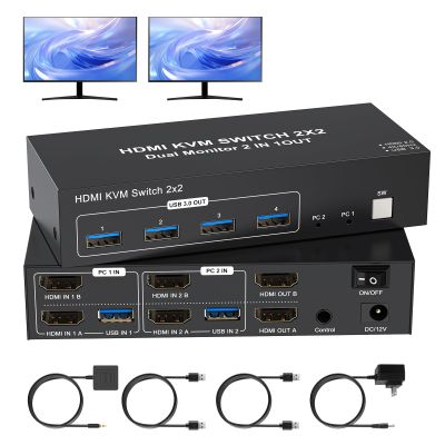 4K HDMI KVM Switch 2 Monitors 2 Computers, 4K@60Hz Dual Monitors KVM Switcher 2PC Extended Display for 2 Port Sharing 4 USB 3.0 Hub Keyboard Mouse Hard Drives Printer with 2*USB Cables,Controller