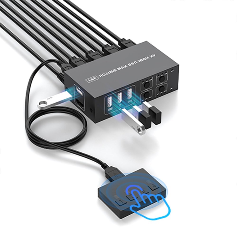 USB KVM Switch HDMI 4K@60Hz for 4 Computers Share 1 Monitor, KVM Switch 4 Port with 4 USB 2.0 Ports Share Keyboard Mouse, with EDID Adaptive,Support Button Switch, Plug and Play