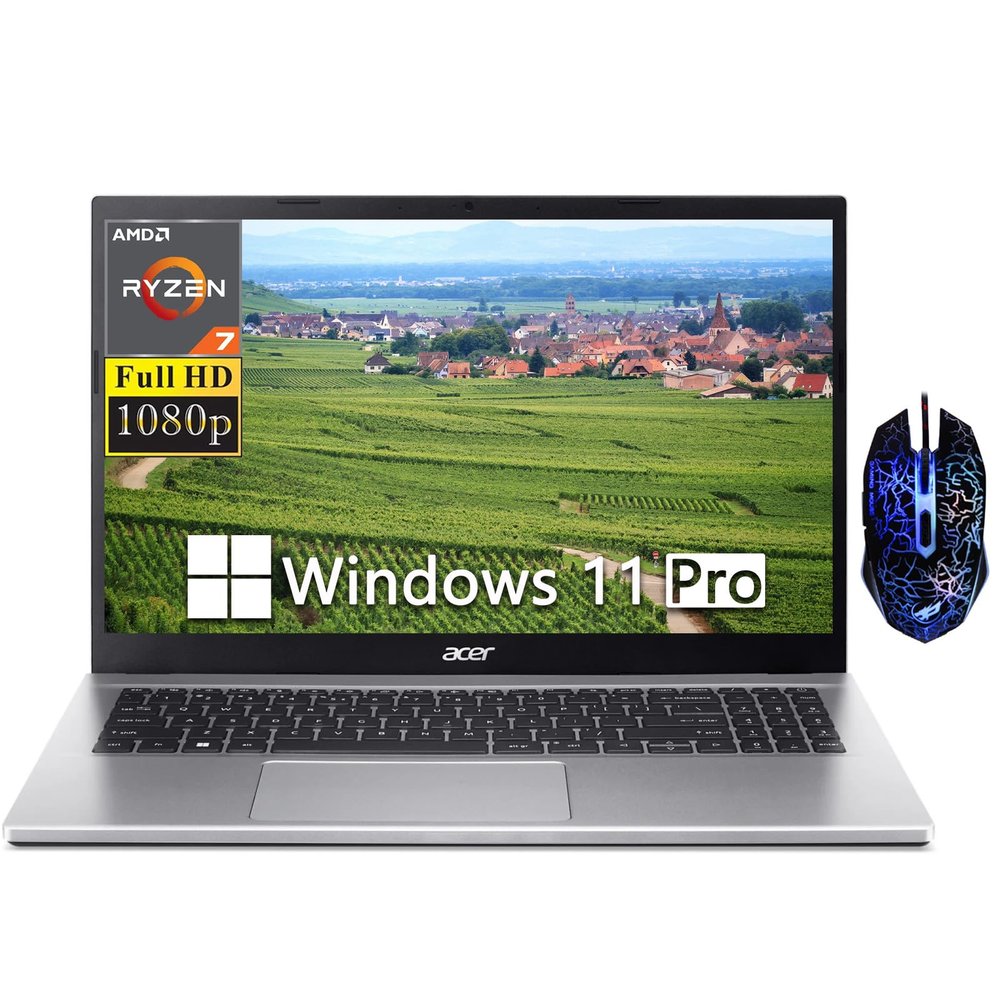 acer Aspire 3 15.6" FHD Laptop, AMD Ryzen 7 5700U Octa-Core Processor, 32GB RAM, 1TB M.2 PCIe SSD, AMD Radeon Graphics, WiFi 6, Webcam, Numeric Keypad, Windows 11 Pro with Designed Mouse, Silver