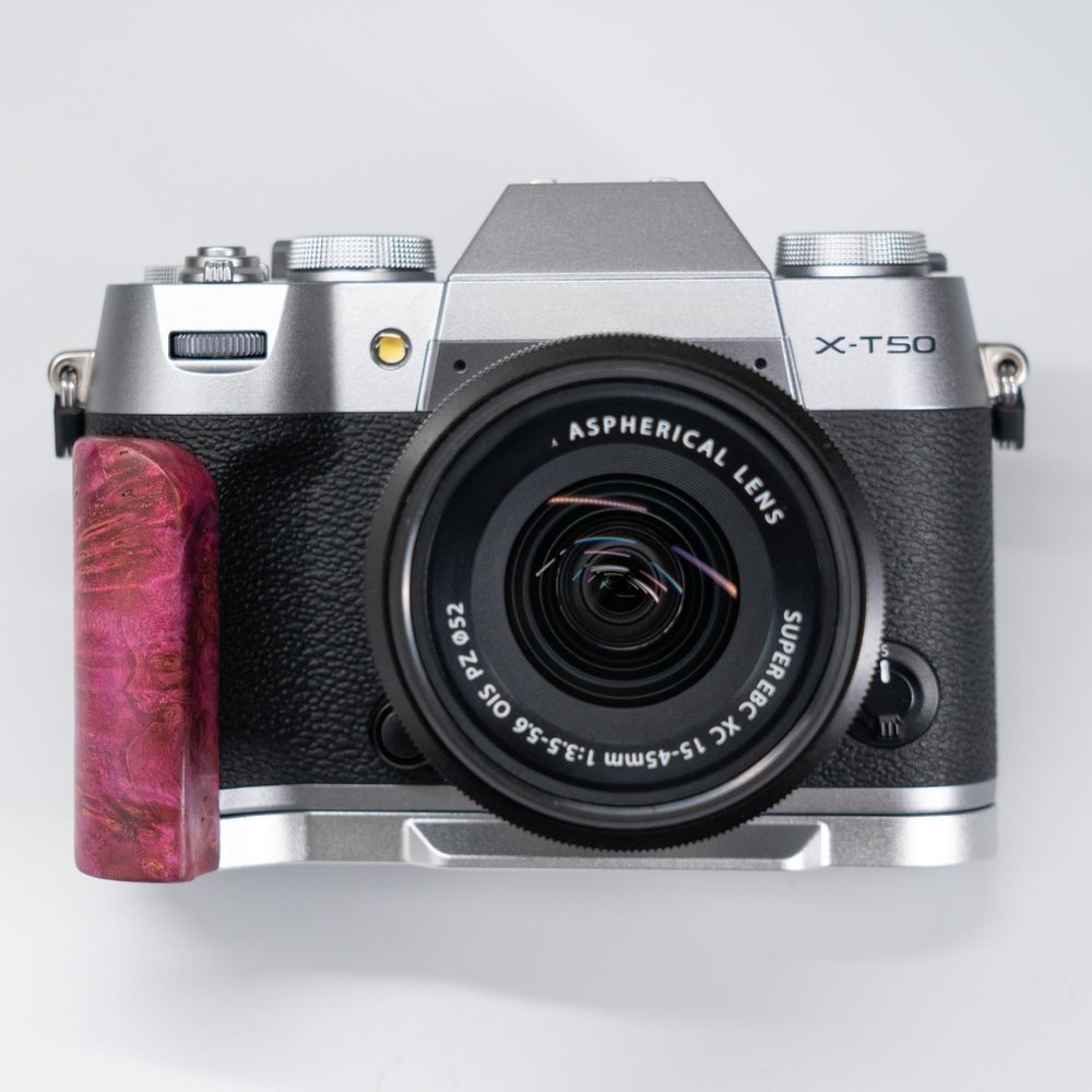 Wooden Wood Hand Grip + Aluminum Alloy Baseplate QR L Handle for XT50 Camera (Pink Purple stabilized Wood)