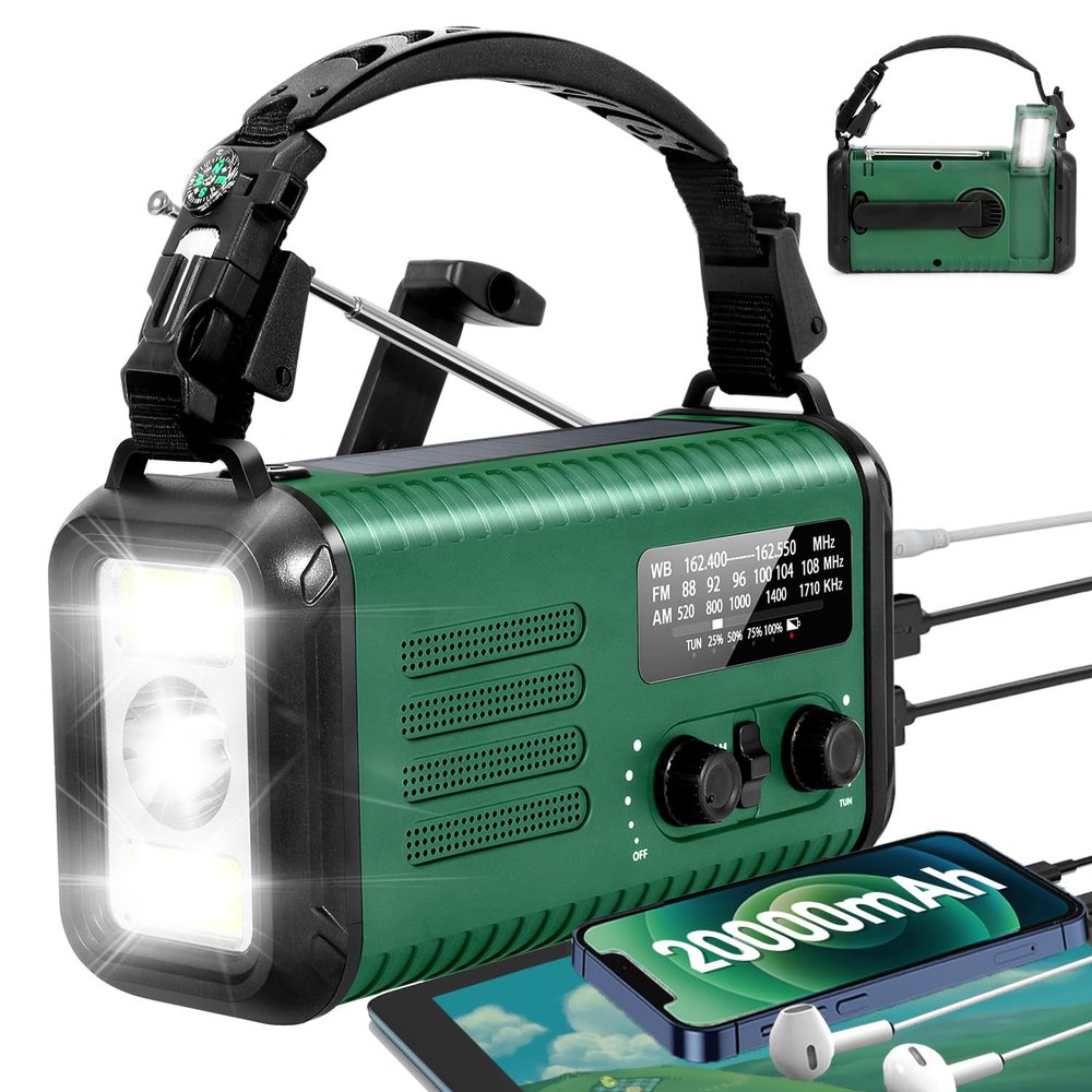 Emergency Hand Crank Radio, NOAA Weather Radio, 20000mAh Rechargeable Solar AM/FM Radio, Portable USB-C Fast Charger, Flashlight, Reading Lamp SOS Alarm for Hurricane Storm Camping Hiking (Green)