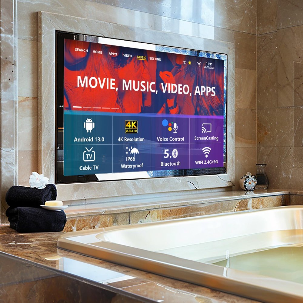 Leotachi Android 13 Luxury 32" Smart Bathroom Mirror TV, 4K Ultra HD, IP66 Waterproof, Android TV, Voice Assistant, ATSC Tuner, Bluetooth, Wi-Fi, for Bathroom Vanity and Dressing Table