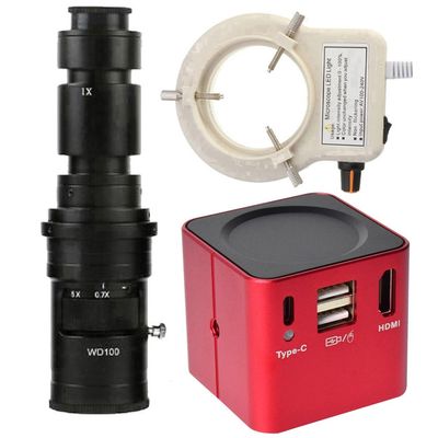 1080P HDMI Type-c PC Industrial Microscope Camera Measurement U Disk Video Recorder & 500X C-Mount Lens With 56-LED Adjustable Ring Light