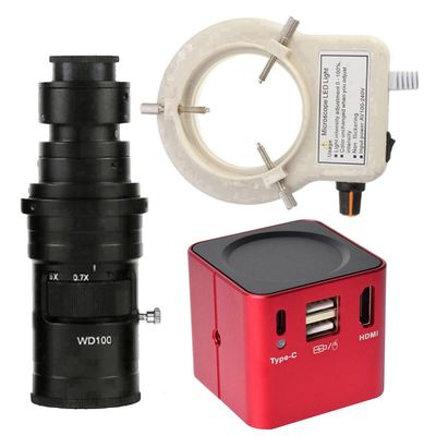1080P HDMI Type-c PC Industrial Microscope Camera Measurement U Disk Video Recorder & 200X C-Mount Lens With 56-LED Adjustable Ring Light