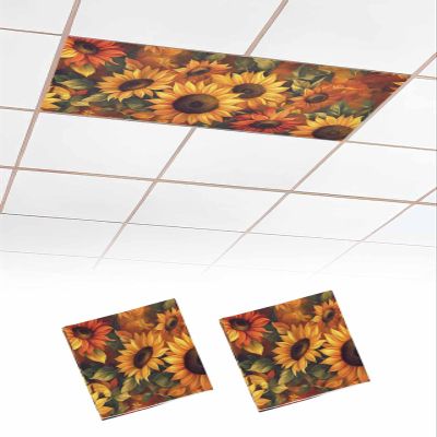 2 PCS Fluorescent Light Covers - Watercolor Vintage Sunflower Magnetic Light Filters for Ceiling Light,Floral Leaves Oil Painting Art Light Shade Panel for Office Classroom Home Decor,4 x 2 Feet