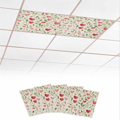 4 PCS Fluorescent Light Covers - Valentine's Day Watercolor Heart Magnetic Light Filters for Ceiling Light,Green Leaves on Burlap Light Shade Panel for Office Classroom Home Decor,4 x 2 Feet