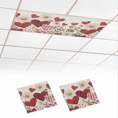 2 PCS Fluorescent Light Covers - Valentine's Day Love Heart Flower Magnetic Light Filters for Ceiling Light,Watercolor Floral on Linen Light Shade Panel for Office Classroom Home Decor,4 x 2 Feet