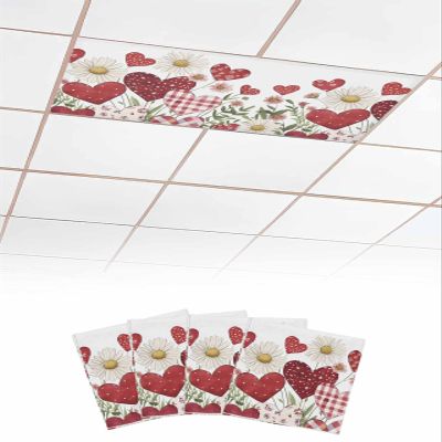 4 PCS Fluorescent Light Covers - Valentine's Day Romantic Heart Magnetic Light Filters for Ceiling Light,Watercolor Flower Leaves Light Shade Panel for Office Classroom Home Decor,4 x 2 Feet