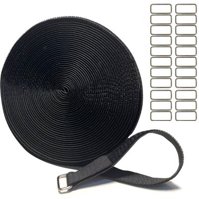 0.8in-32ft Hook and Loop Cable Straps with 50 Metal Buckles, Adjustable Fastening Straps, Reusable Free Cut Length Cord Straps