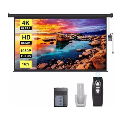 100 Inch Motorized Projector Screen, 16:9 Retractable Projector Screen Indoor Movie Screen, Standard Throw Projection for Home Theater, Business Presentations
