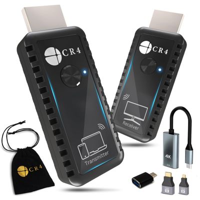 CR4 Wireless HDMI Transmitter and Receiver, Low-Latency 5G, Plug & Play, 4K In/1080P Out, Extender Kit to Stream Video/Audio from PC/Laptop/USB-C Phone (Like iPhone 15 or Newer) to Monitor/TV (Black)