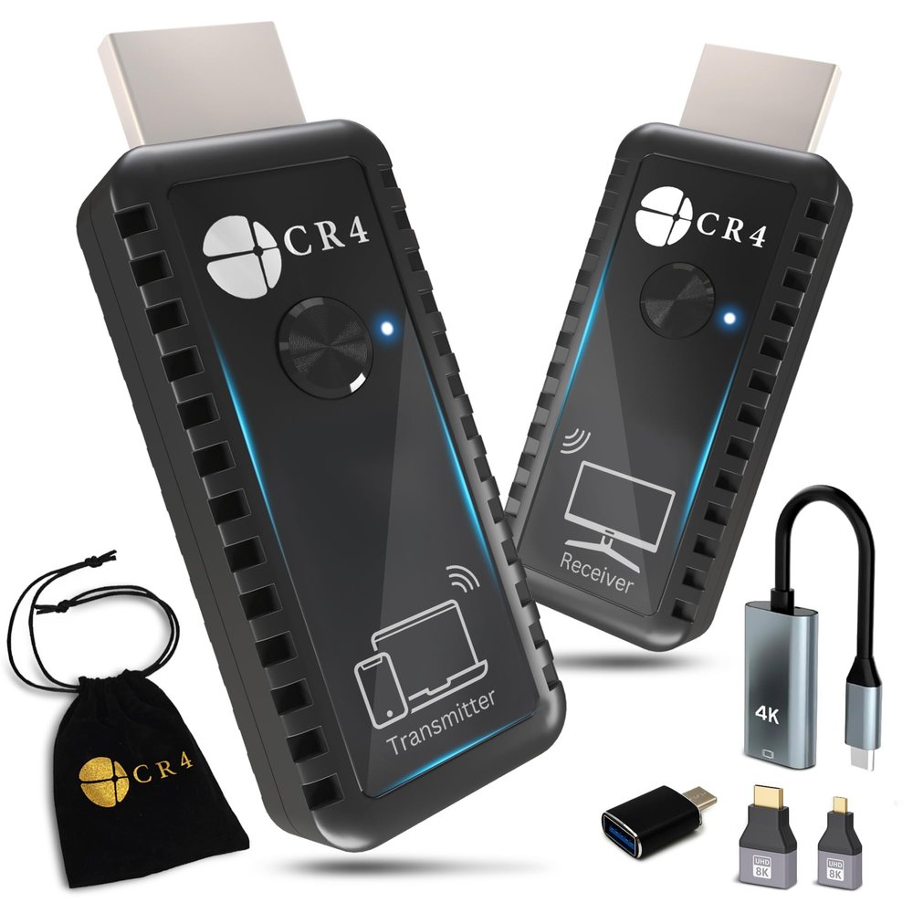 CR4 Wireless HDMI Transmitter and Receiver, Low-Latency 5G, Plug & Play, 4K In/1080P Out, Extender Kit to Stream Video/Audio from PC/Laptop/USB-C Phone (Like iPhone 15 or Newer) to Monitor/TV (Black)