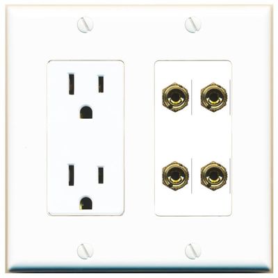 RiteAV 4 Banana 2 Speaker Surround Female Coupler Binding Post Wall Plate - Outlet [White]