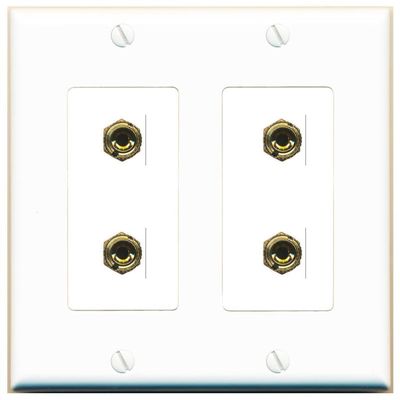 RiteAV 4 Banana 2 Speaker Surround Female Coupler Binding Post Wall Plate - 2 Gang [White]