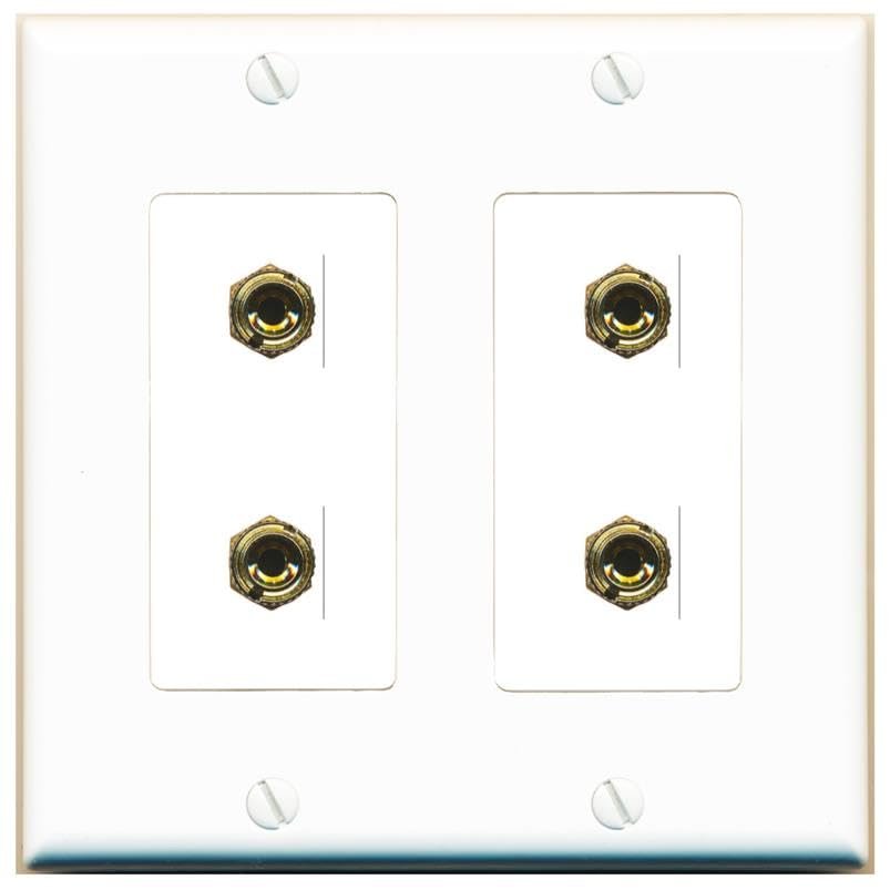 RiteAV 4 Banana 2 Speaker Surround Female Coupler Binding Post Wall Plate - 2 Gang [White]