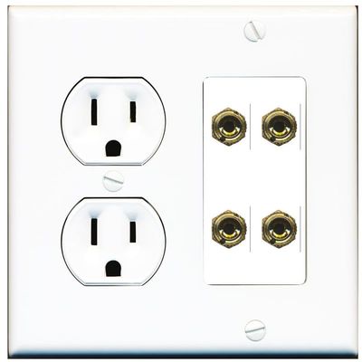 RiteAV 4 Banana 2 Speaker Surround Female Coupler Binding Post Wall Plate - Round Outlet [White]