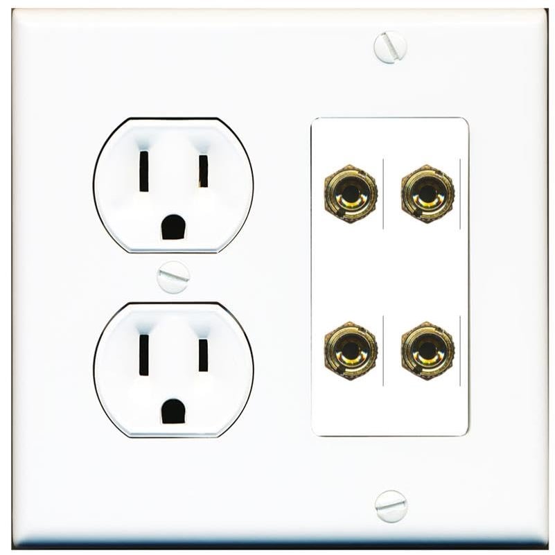 RiteAV 4 Banana 2 Speaker Surround Female Coupler Binding Post Wall Plate - Round Outlet [White]