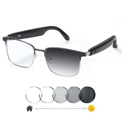 Giinova Smart Bluetooth Glasses for Women Men with Speaker Physical Color-Change Anti-Blue Light Polarized Built-in Microphone for Android iOS (Silver Frame)