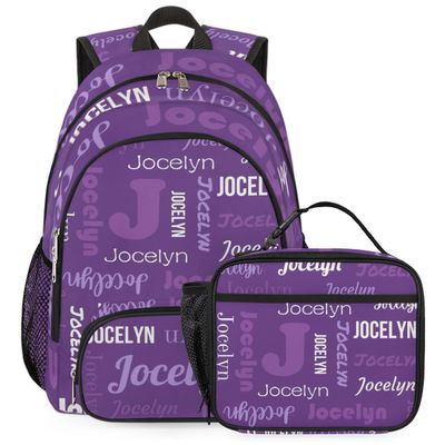 Zestdesign Personalized Backpack with Lunch Box for Women Men Lightweight Waterproof Custom Backpacks Set with Name Customize Travel Casual Daypacks, Dark Purple
