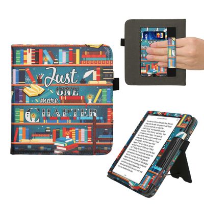 kwmobile Case Compatible with Kobo Libra Colour - Case PU Leather Cover with Magnet Closure, Stand, Strap, Card Slot - Library Motto Multicolor