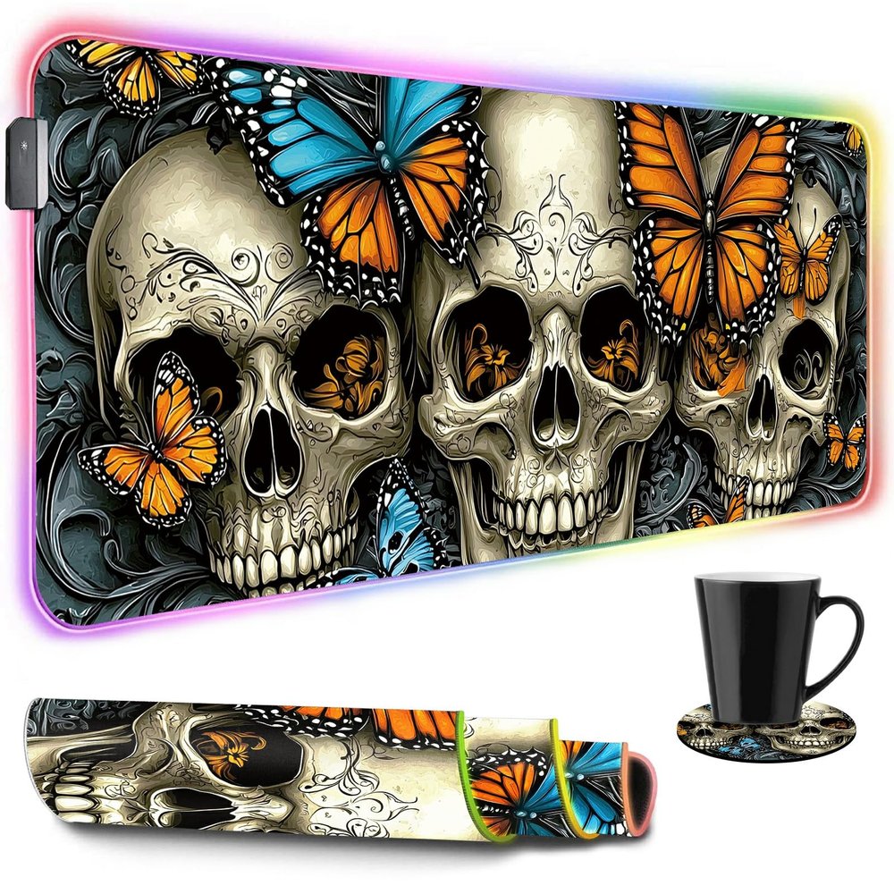 RGB Gaming Mouse Pad 13 Lighting Mousepad Modes Non-Slip Rubber Base Stitched Edges Desk Mat 31.5 x 11.8 inch Large Keyboard Large Mouse Pad for PC Games Laptop Computer - Butterflies and Skull