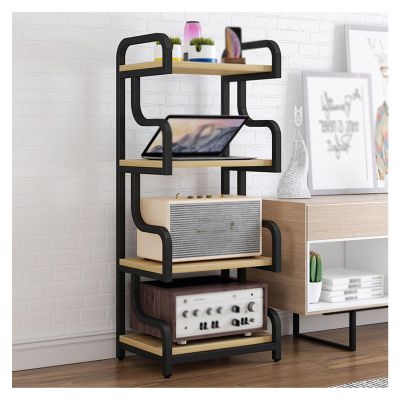 Metal Media Cart, AV Media Stand,4 Tier CD Player Stand,Open Storage Audio Rack for Living Room, Office, Conference Rooms, Recording Studio(Black+Light Walnut)