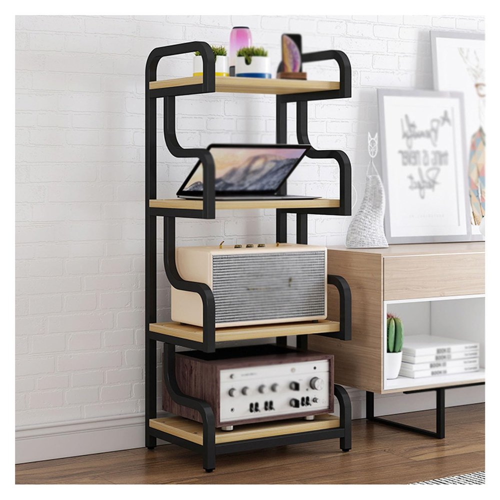 Metal Media Cart, AV Media Stand,4 Tier CD Player Stand,Open Storage Audio Rack for Living Room, Office, Conference Rooms, Recording Studio(Black+Light Walnut)
