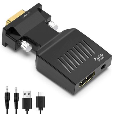 VGA to HDMI Adapter Converter with 3.5mm Audio Cable, Active Male VGA to Female HDMI 1080P 60Hz Video Dongle Adapter, VGA Source to HDMI Display Converter for Computer, Projector