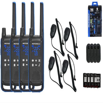 Motorola Solutions, Talkabout T802, Portable FRS Two Way Radio 4 Pack Walkie Talkies Blue/Black 22 Channels Bluetooth Capable Rechargeable 4 Remote Speaker Mics