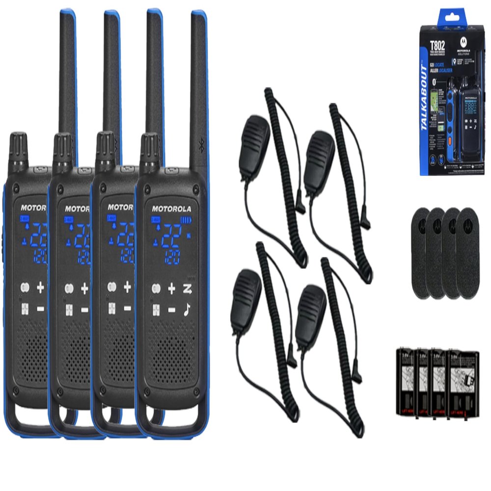 Motorola Solutions, Talkabout T802, Portable FRS Two Way Radio 4 Pack Walkie Talkies Blue/Black 22 Channels Bluetooth Capable Rechargeable 4 Remote Speaker Mics