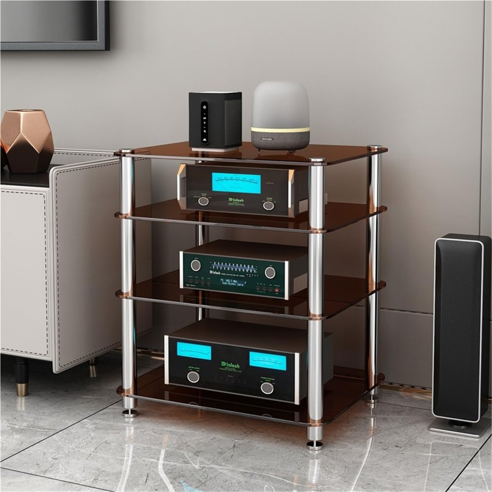WLCGYD HiFi Audio Rack, 1/2/ 3/4 Tier Media Stand Audio/Video Component Cabinet W/Tempered GlassStereo Racks for VD Player/Game Console/TV Box/WiFi Routert/AmplifierStainless Steel(B,4 Tier)