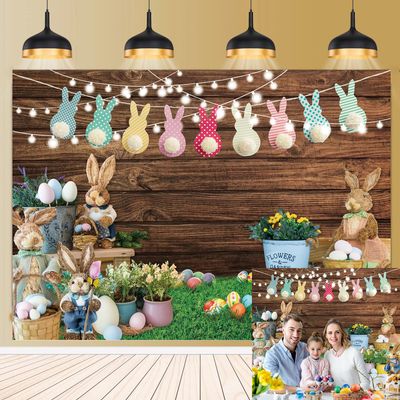 Easter Backdrop for Photography 7x5FT Spring Green Grass Flower Rabbit Egg Wooden Wall Background Easter Kids Newborn Portrait Photo Props