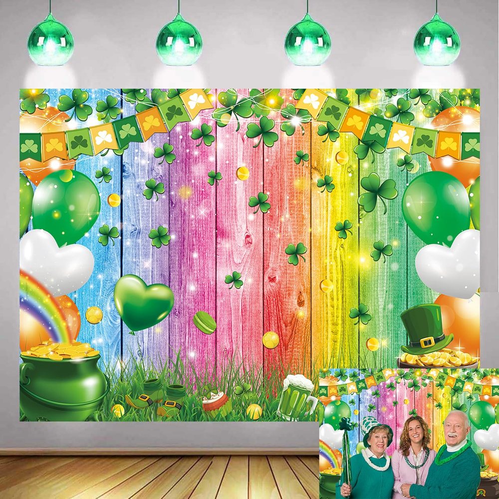 St.Patrick's Day Backdrop Rainbow Wooden Wall Lucky Clover Gold Coins Balloon Glitter Photography Background Irish Shamrock Banner Adult Kids Baby Birthday Party Decorations Photo Booth Props (8x6FT)