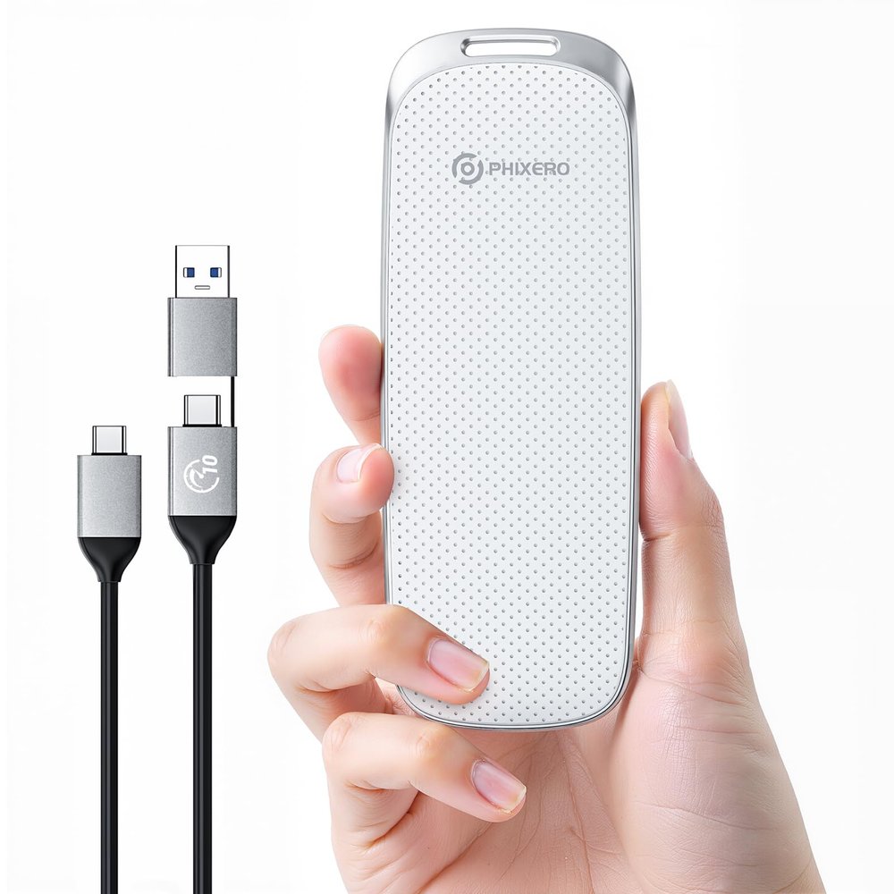 PHIXERO P10PRO External NVMe SSD 512GB, Up to 1050MB/s, USB 3.2 Gen2, Includes 2-in-1 USB C Cable, Portable Hard Drive for iPhone 15/16 PRO/Android/Mac, White