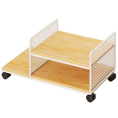 AV Media Stand, 2 Tier CD Player Stand with Wheels,Metal Media Cart,Open Storage Audio Rack for Living Room, Conference Rooms, Recording Studio(White+Light Walnut)