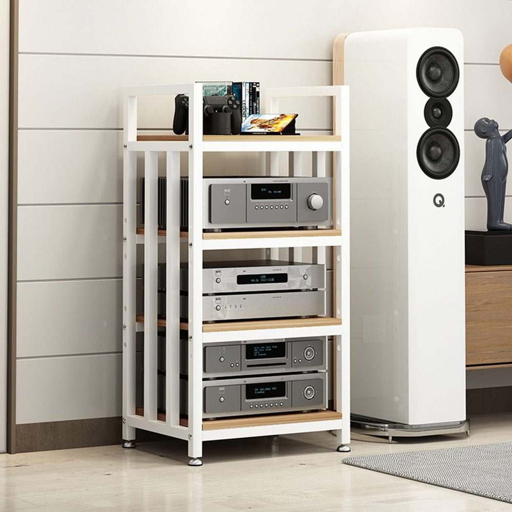 DFEDHF Floorstanding Storage Shelves 19.7x15.7x39.4in, 4 Tier Furniture Media Stand Audio Rack DVD CD Player Stand Power Amplifier Equipment Cabinet Wooden S(White-One Size)