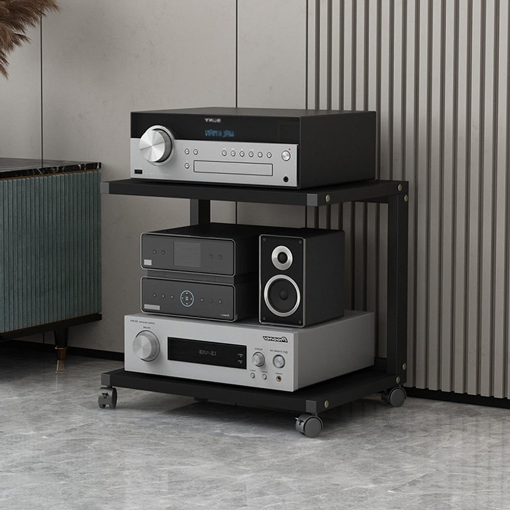 DFEDHF Home Amplifier Rack Furniture Audio Stand DVD CD Players Rack Office Projector Shelf with Universal Pulley Removable Storage Rack, Wood Board + Metal (A-35CM)