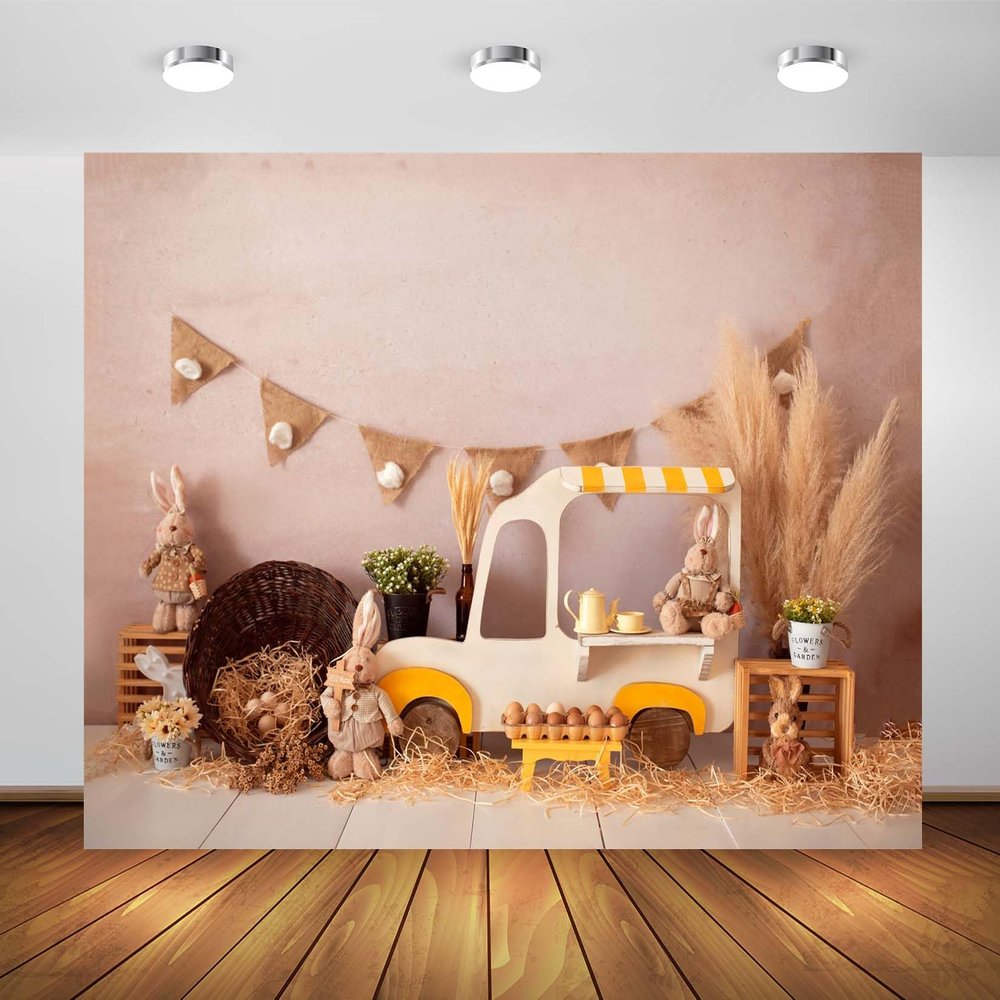 BELECO 20x10ft Fabric Spring Easter Backdrop Interior Rabbit Toys Eggs Flowers Straw Photography Background Kids Newborn Birthday Party Decorations Easter Banner Photoshoot Booth Studio Props