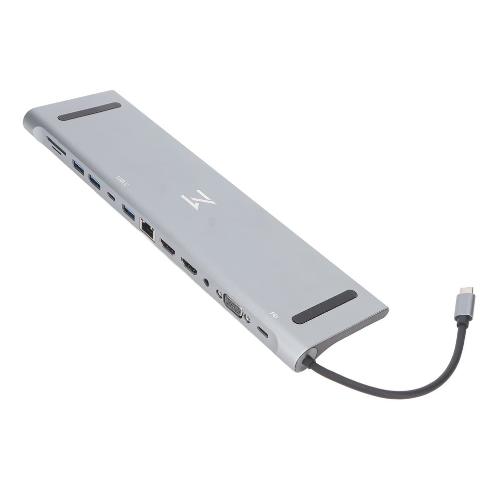 12 in 1 USB C Docking Station, 4K 30Hz HD Support, PD 100W Fast Charging, Multi Functional Multi Port USB C Hub Adapter, Gray Aluminum Alloy Case