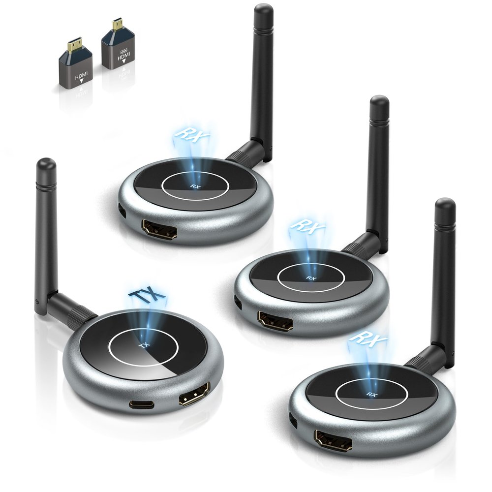 DARLYOR Wireless HDMI Transmitter and 3 Receivers, 656FT/200M Range, 4K Decode 1080P@60Hz, Plug & Play for Multi-Room TV, Ultra-Low Lag, Support 8 RX, 5.8G/2.4G Extender for PC/Laptop/TV Box/Projector