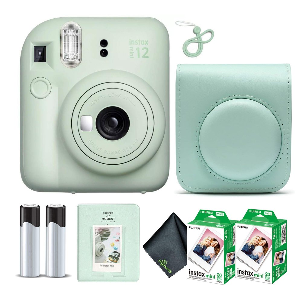 Fujifilm Instax Mini 12 Instant Camera Mint Green Bundle with Fuji Instax Mini Film Value Pack (40 Sheets) + Protective Carrying Case + Photo Album + Microfiber Cleaning Cloth