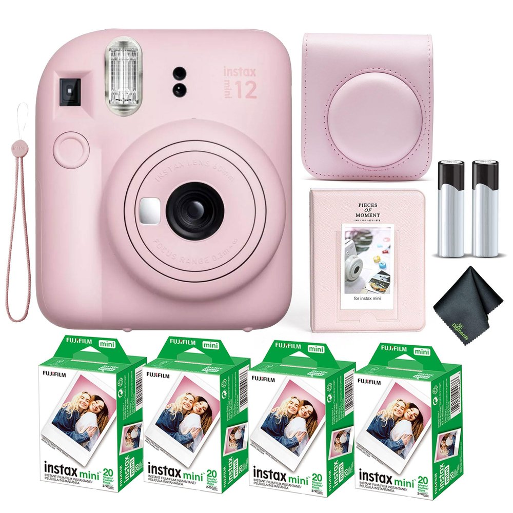 Fujifilm Instax Mini 12 Instant Camera Blossom Pink Bundle with Fuji Instax Mini Film Value Pack (80 Sheets) + Protective Carrying Case + Photo Album + Microfiber Cleaning Cloth